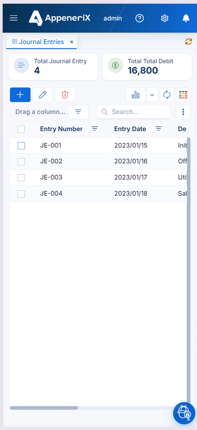 The same AppeneriX Journal Entries page rendered on a narrow mobile viewport, with the grid collapsed to a single scrollable column
